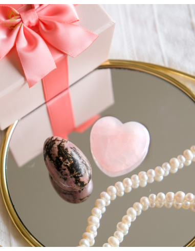 Coffret Amour - L'oeuf de yoni de la douceur + Cœur Énergétique - Rhodonite moyen non troué + coeur quartz rose de technologie